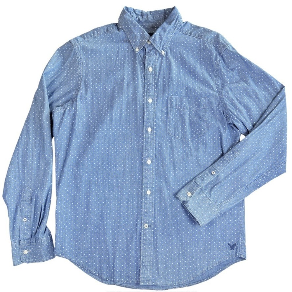 American Eagle Button Down Shirt Mens Medium Blue Polka Dot Classic Fit Cotton